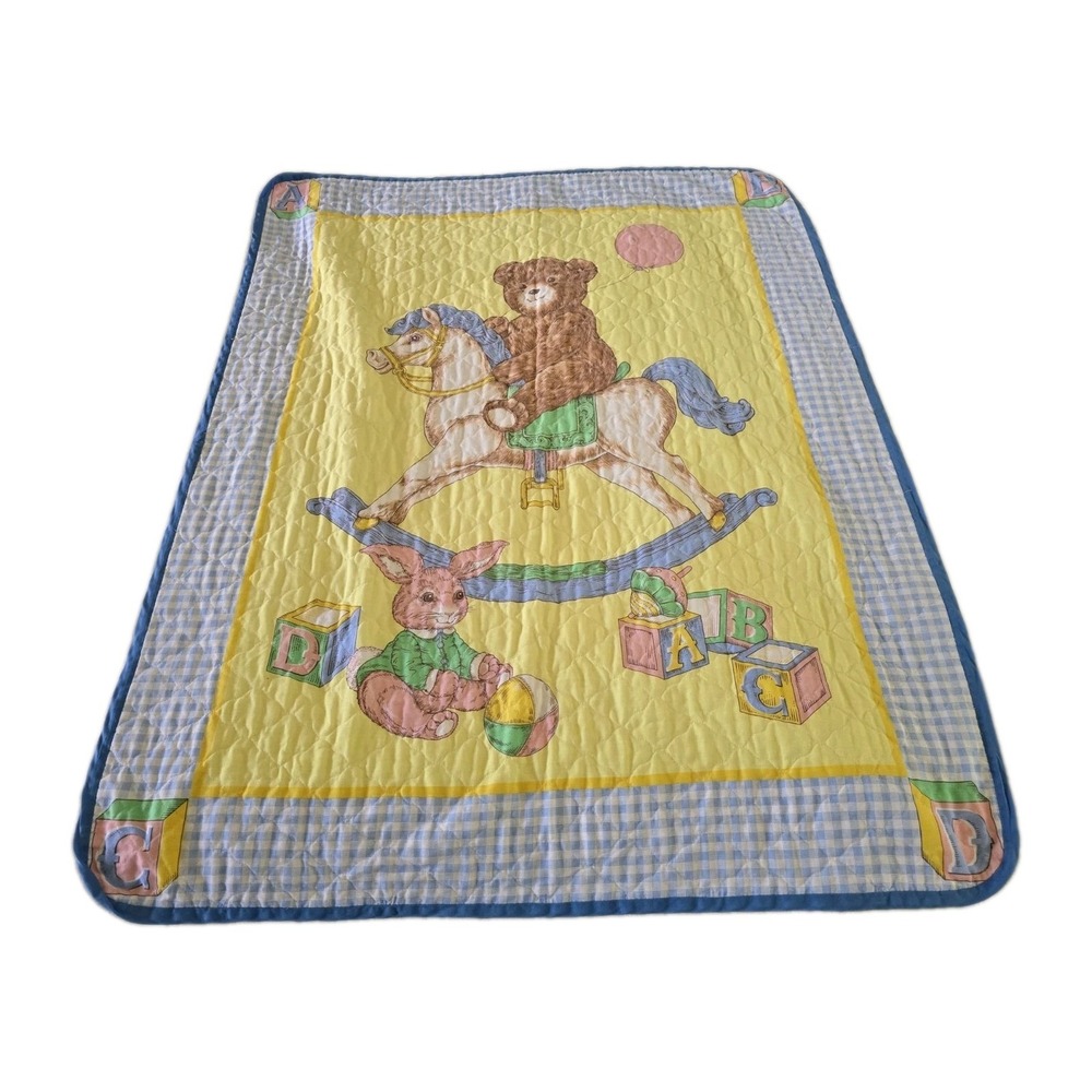 80s 90s Vintage Baby Quilt Top Teddy Bear Rocking Horse Gingham 43 X 34"